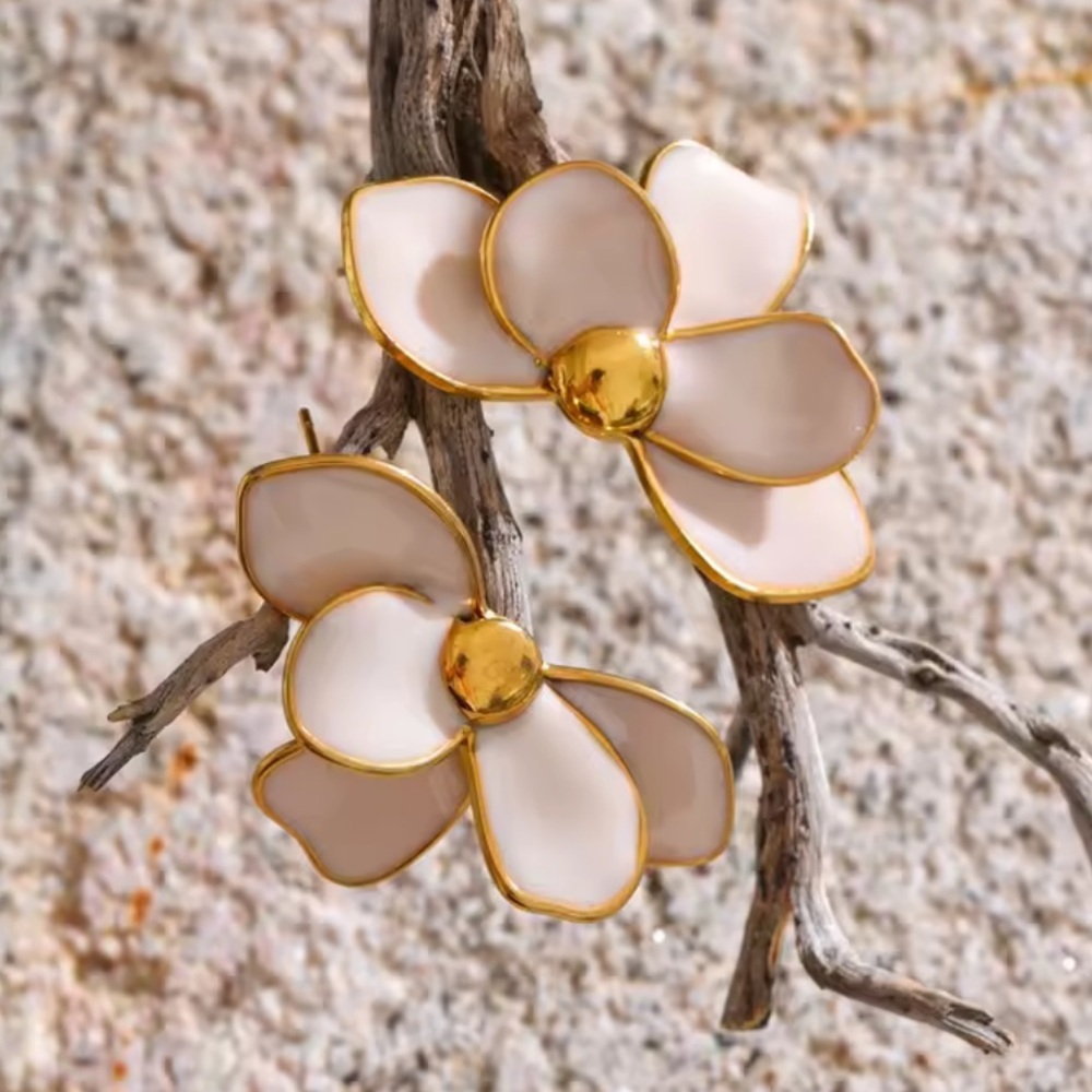 Romantic Petal Cream Flower Stud Earrings – Gold Trim Statement Earrings - Picture 10 of 11
